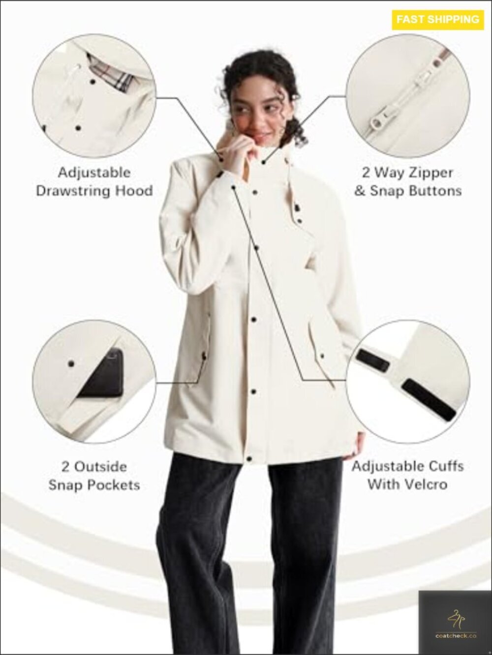 Waterproof Long Hooded Rain Jacket Windbreaker Trench Coat with Adjustable Waist - Picture 4 of 7